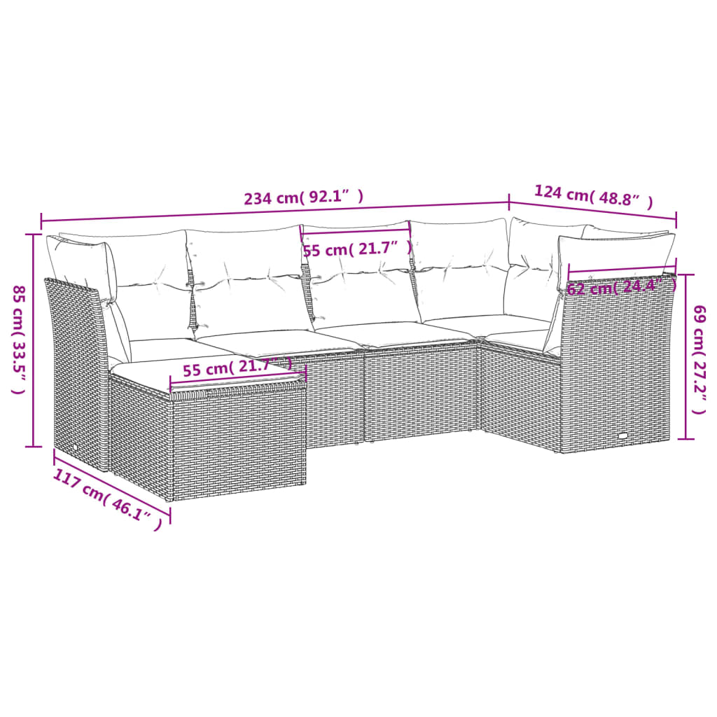 vidaXL 6-delige Loungeset met kussens poly rattan beige afbeelding
