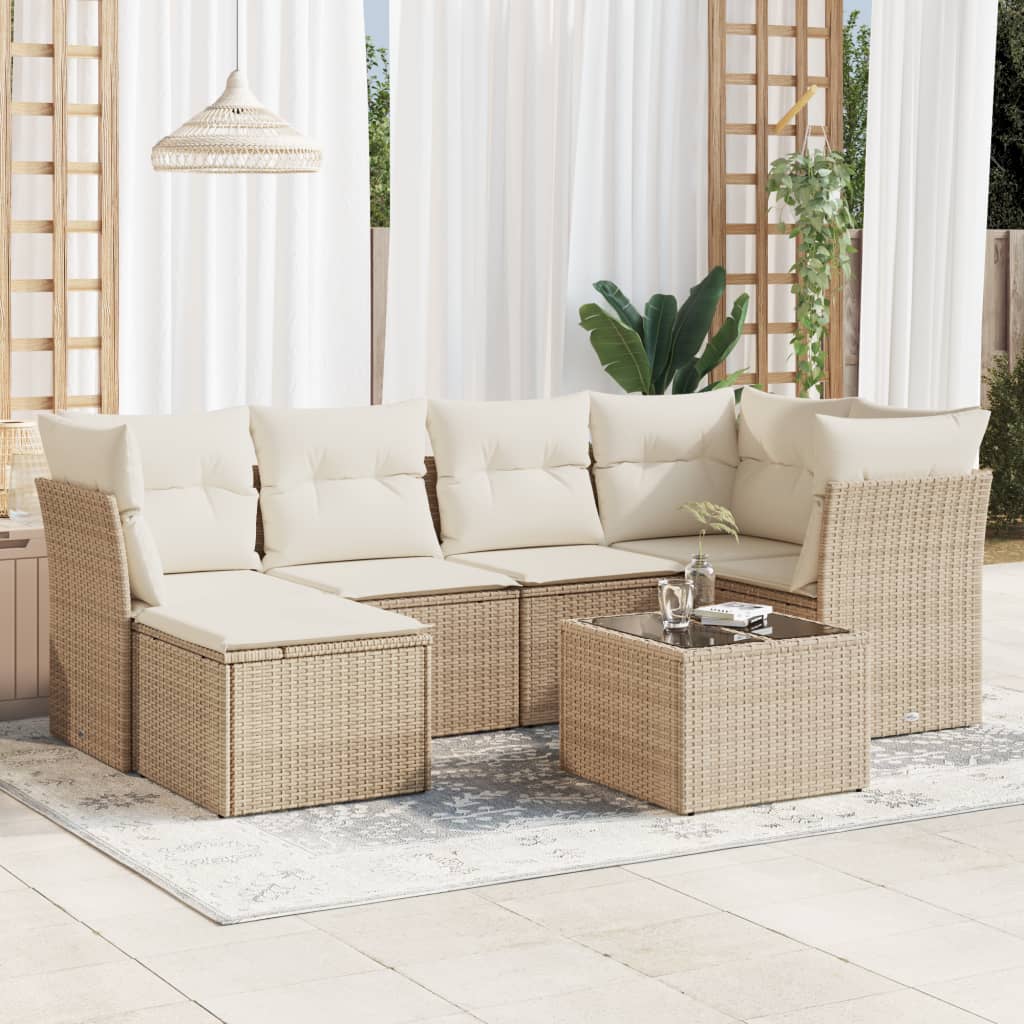 vidaXL 7-tlg. Garten-Sofagarnitur mit Kissen Beige Poly Rattan