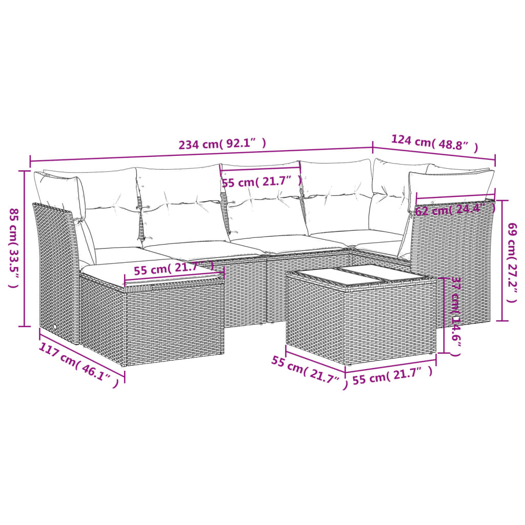 vidaXL 7-delige Loungeset met kussens poly rattan bruin