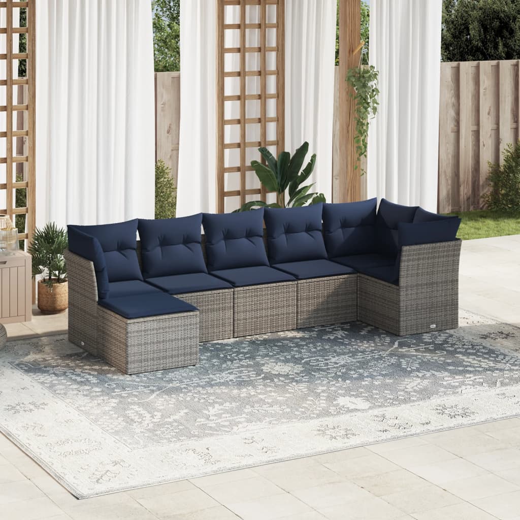 7-tlg. Garten-Sofagarnitur mit Kissen Grau Poly Rattan