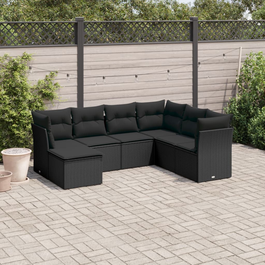 vidaXL 7-tlg. Garten-Sofagarnitur mit Kissen Schwarz Poly Rattan