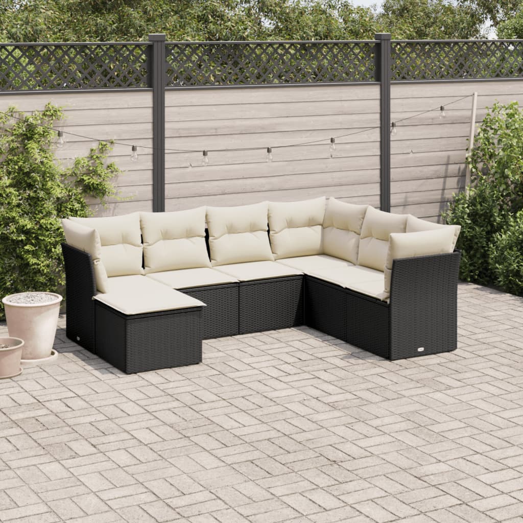 vidaXL 7-tlg. Garten-Sofagarnitur mit Kissen Schwarz Poly Rattan