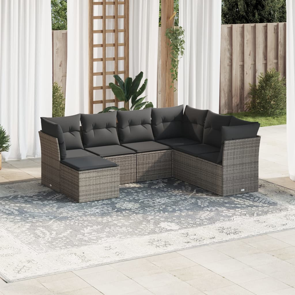 vidaXL 7-tlg. Garten-Sofagarnitur mit Kissen Grau Poly Rattan