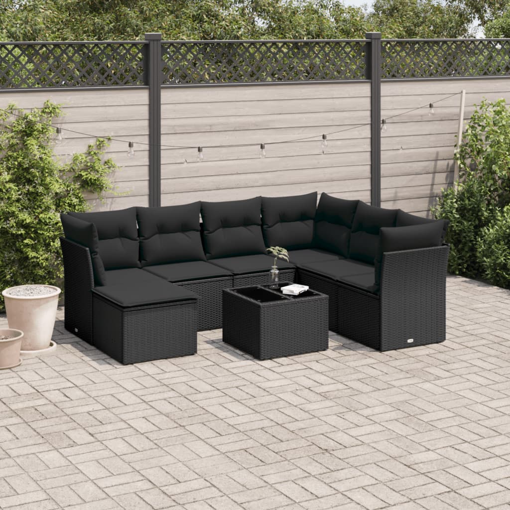 vidaXL 8-tlg. Garten-Sofagarnitur mit Kissen Schwarz Poly Rattan