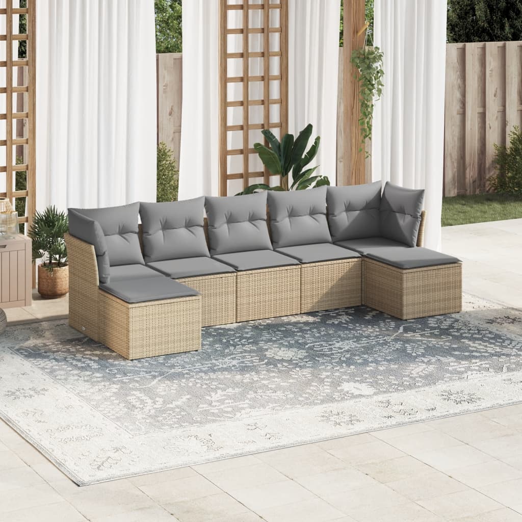 vidaXL 7-tlg. Garten-Sofagarnitur mit Kissen Beige Poly Rattan