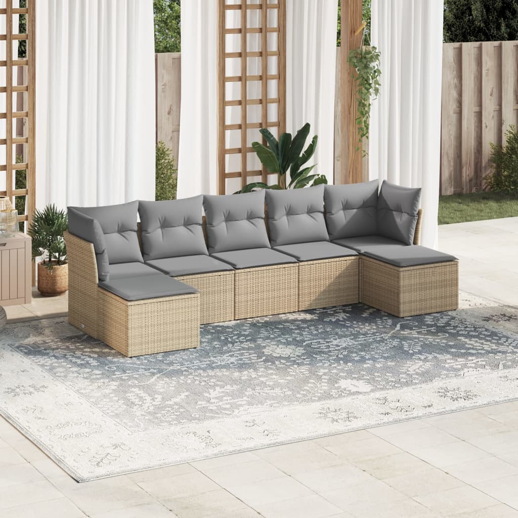 vidaXL 7-tlg. Garten-Sofagarnitur mit Kissen Hellgrau Poly Rattan