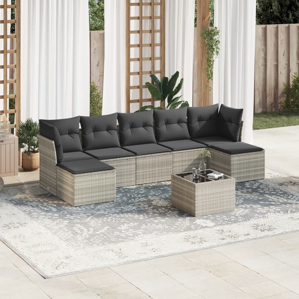 vidaXL 8-tlg. Garten-Sofagarnitur mit Kissen Hellgrau Poly Rattan