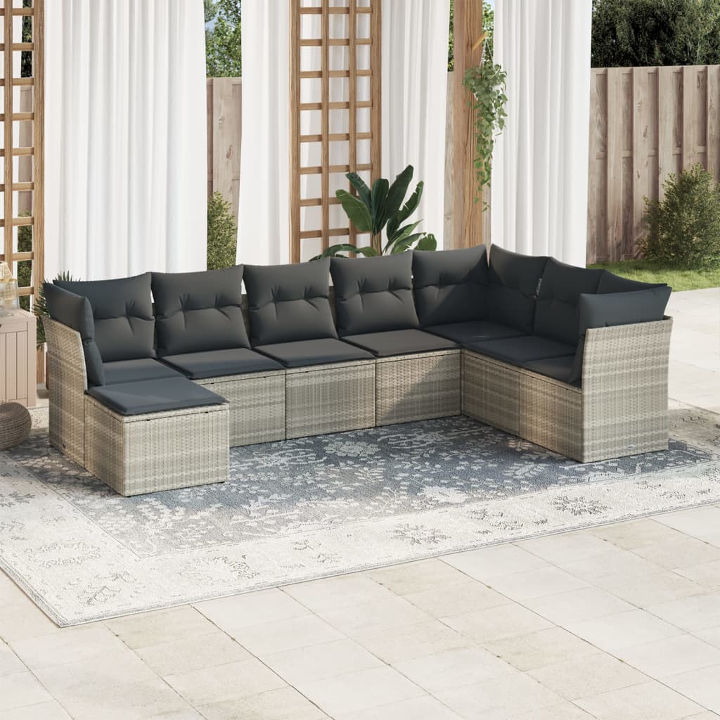 vidaXL 8-tlg. Garten-Sofagarnitur mit Kissen Hellgrau Poly Rattan