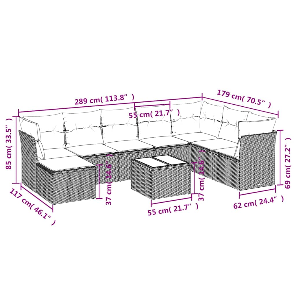 Set mobilier de grădină cu perne, 9 piese, negru, poliratan 3218055 - imagine 3