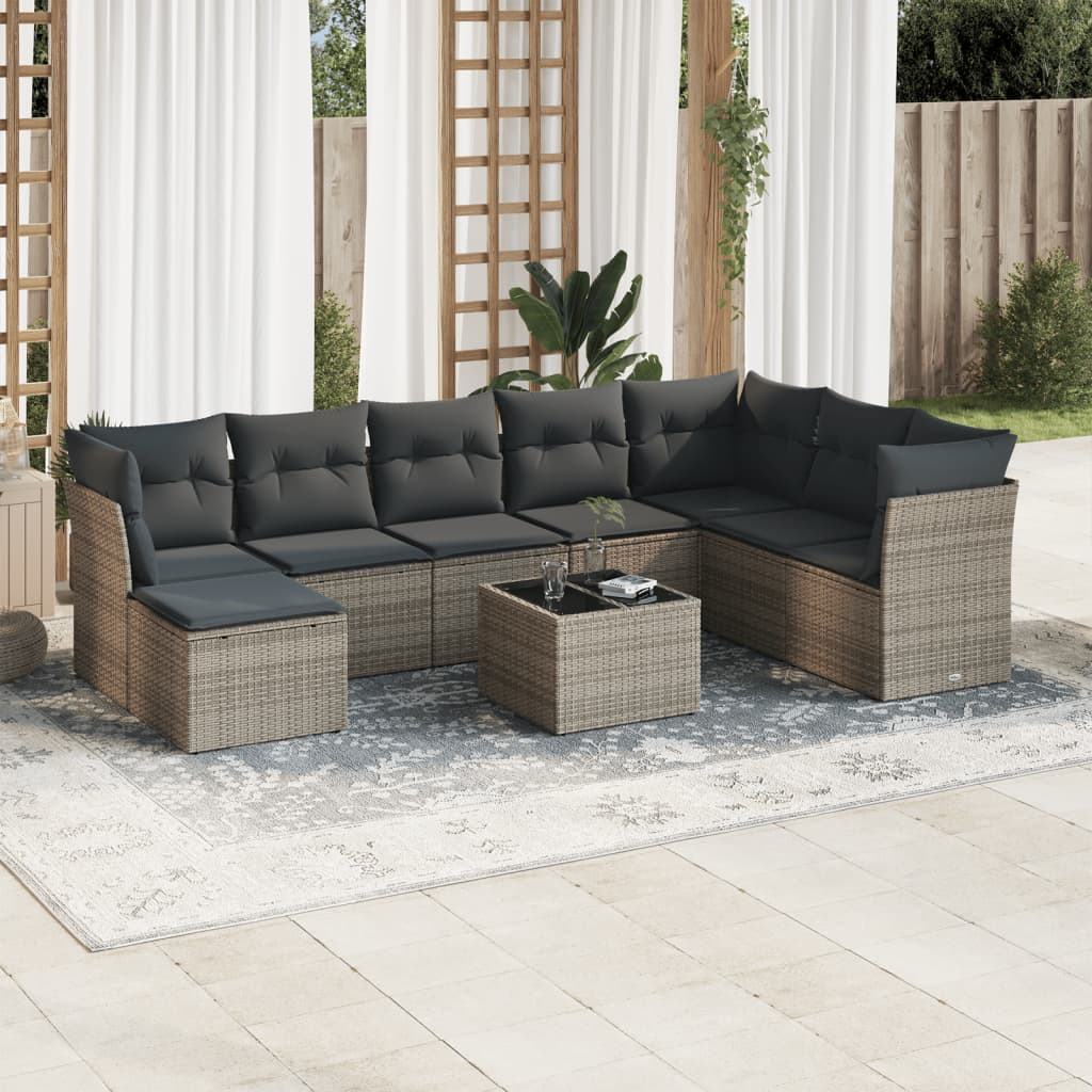 vidaXL 9-tlg. Garten-Sofagarnitur mit Kissen Grau Poly Rattan