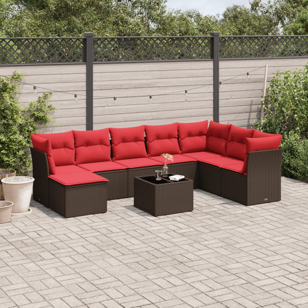 9-tlg. Garten-Sofagarnitur mit Kissen Braun Poly Rattan