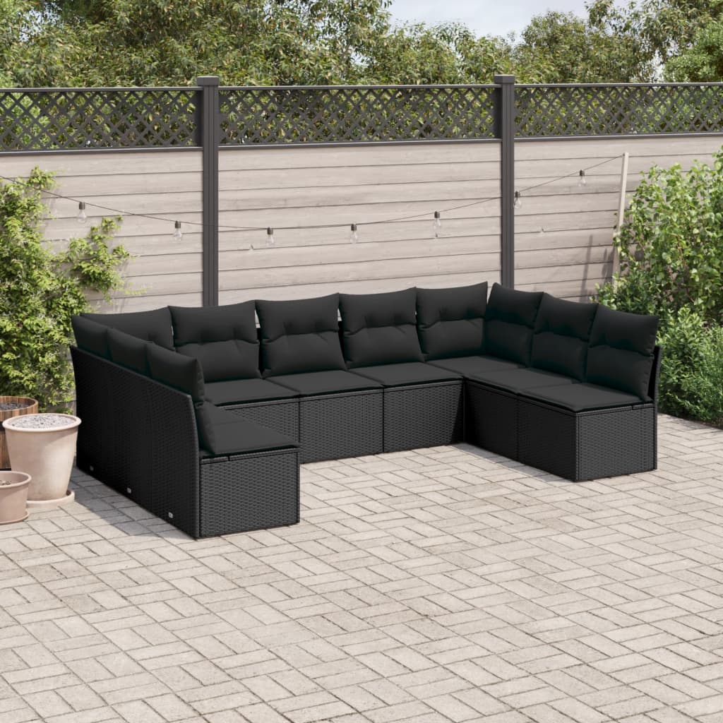 vidaXL 9-tlg. Garten-Sofagarnitur mit Kissen Schwarz Poly Rattan