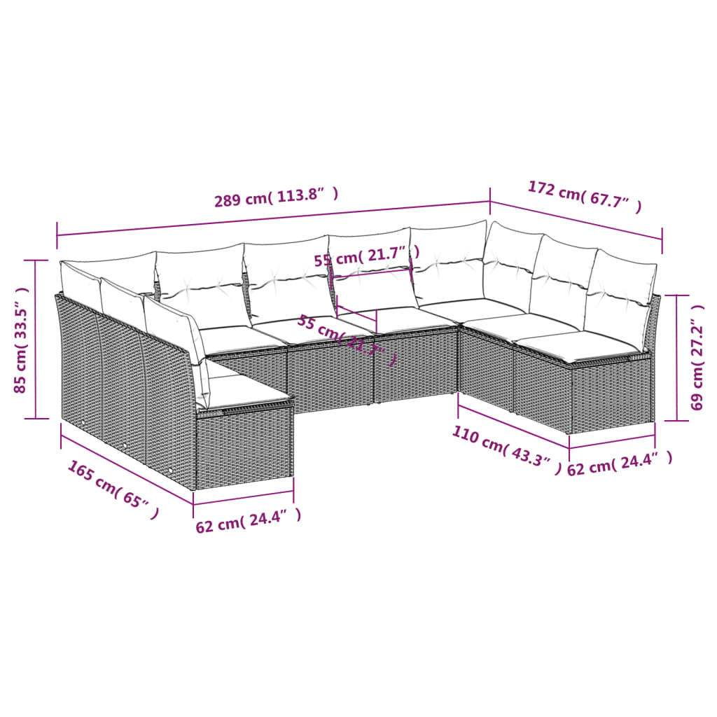 Set canapele de grădină, 9 piese, cu perne, gri, poliratan 3218070 - imagine 3