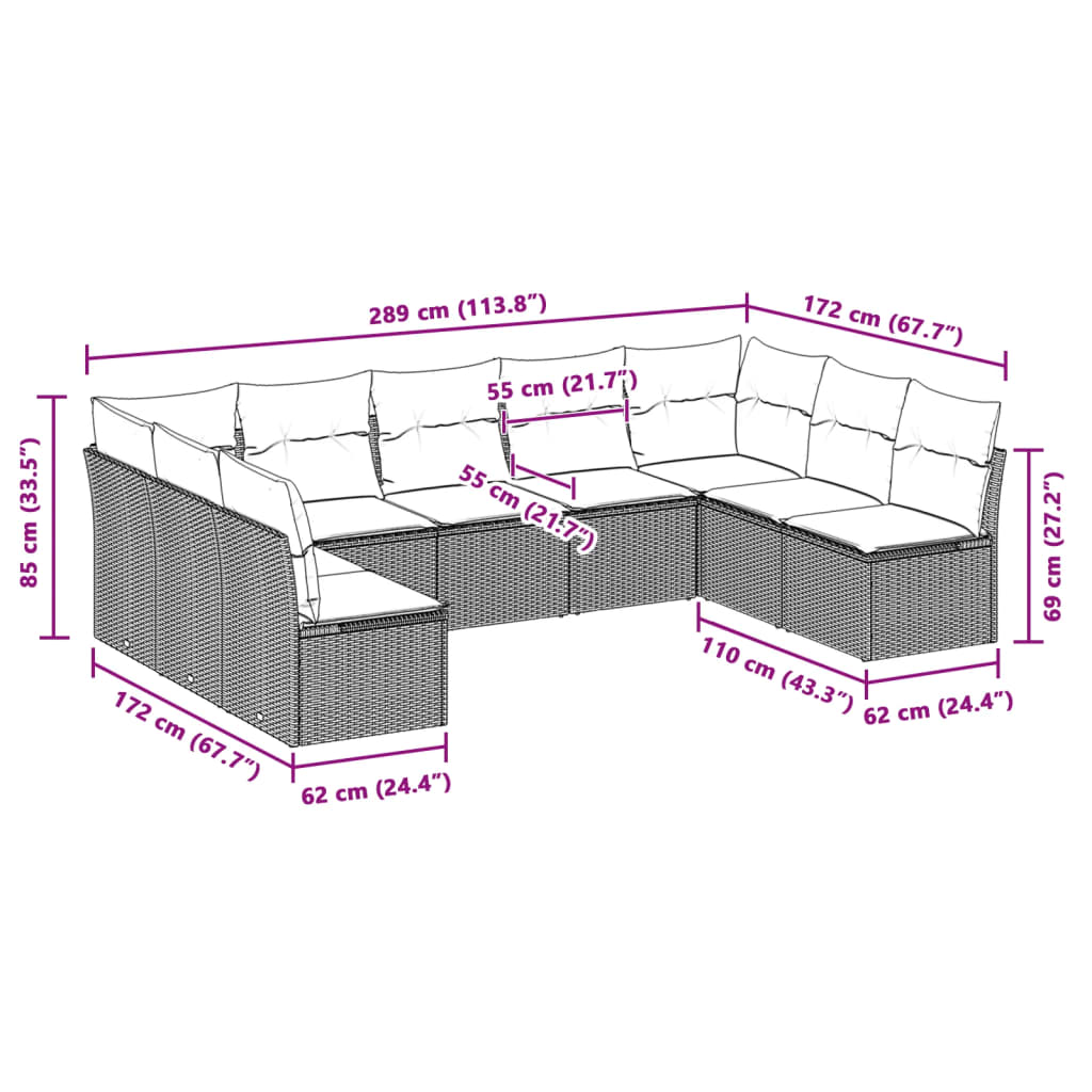 vidaXL 9-delige Loungeset met kussens poly rattan lichtgrijs afbeelding