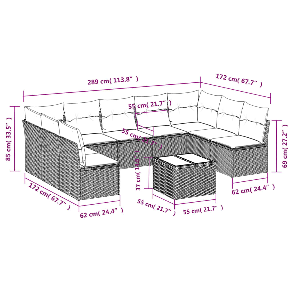 Set mobilier de grădină cu perne, 10 piese, gri, poliratan 3218080 - imagine 3