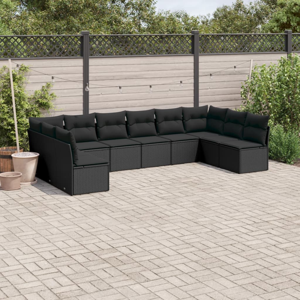 vidaXL 10-tlg. Garten-Sofagarnitur mit Kissen Schwarz Poly Rattan