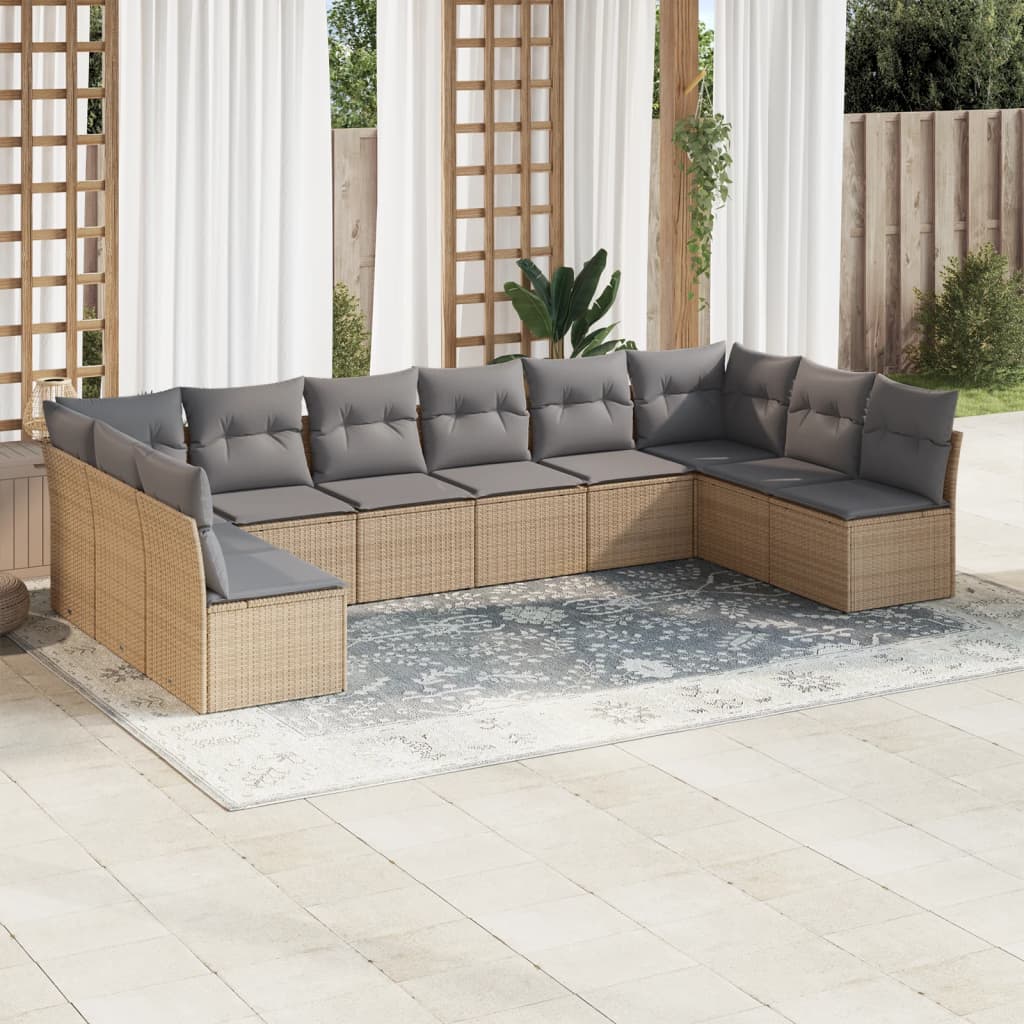 vidaXL 10-tlg. Garten-Sofagarnitur mit Kissen Beige Poly Rattan