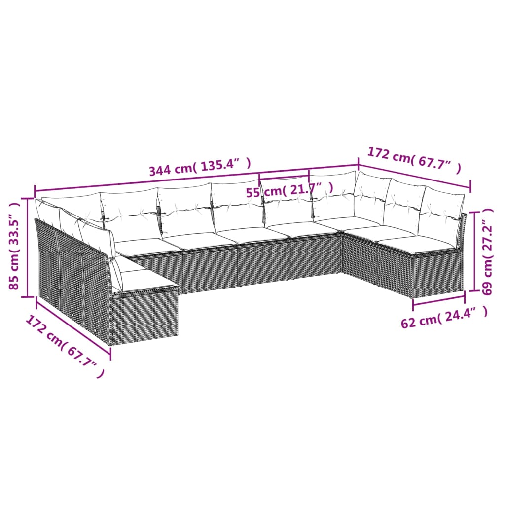 Set mobilier de grădină cu perne, 10 piese, gri, poliratan 3218090 - imagine 3