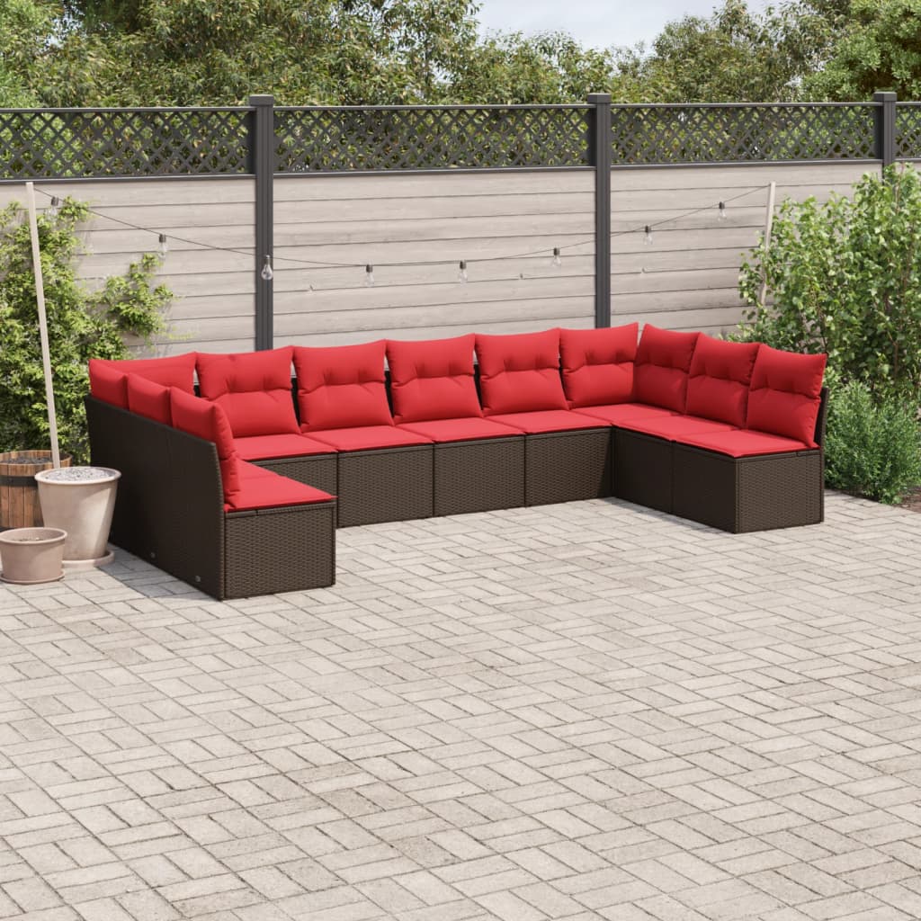 10-tlg. Garten-Sofagarnitur mit Kissen Braun Poly Rattan