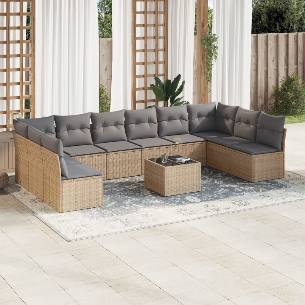 vidaXL 11-tlg. Garten-Sofagarnitur mit Kissen Beige Poly Rattan