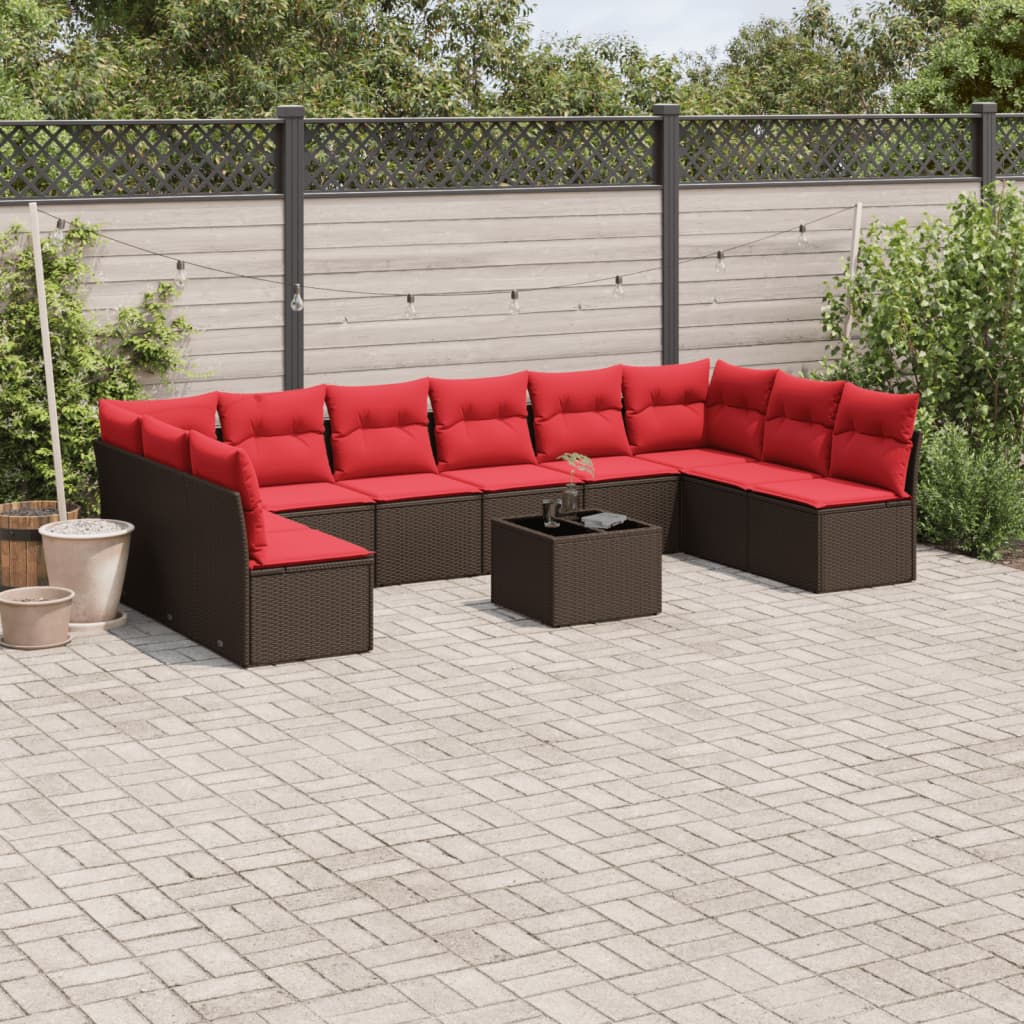 Set de sofás de jardín 11 pzas cojines ratán sintético marrón