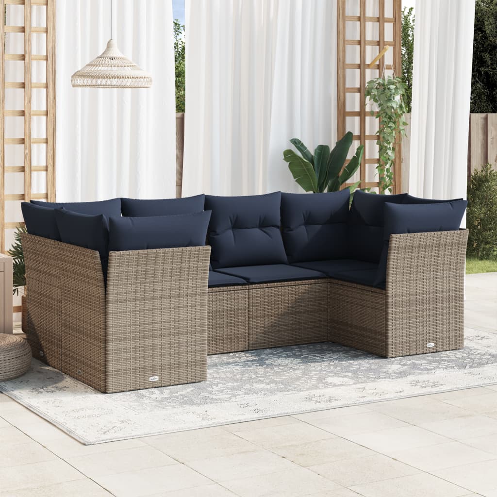 6-tlg. Garten-Sofagarnitur mit Kissen Grau Poly Rattan
