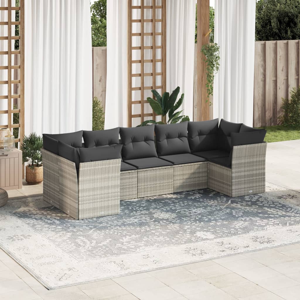 vidaXL 7-tlg. Garten-Sofagarnitur mit Kissen Hellgrau Poly Rattan