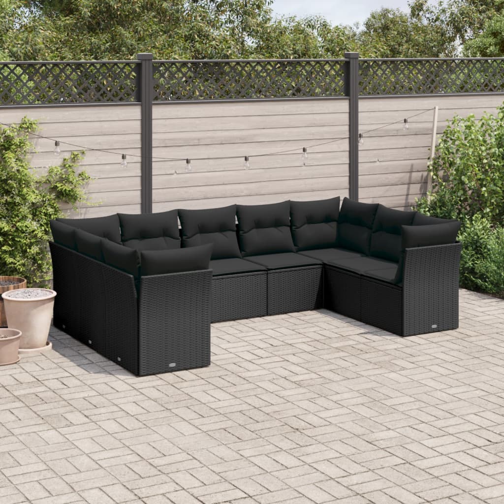 vidaXL 9-tlg. Garten-Sofagarnitur mit Kissen Schwarz Poly Rattan