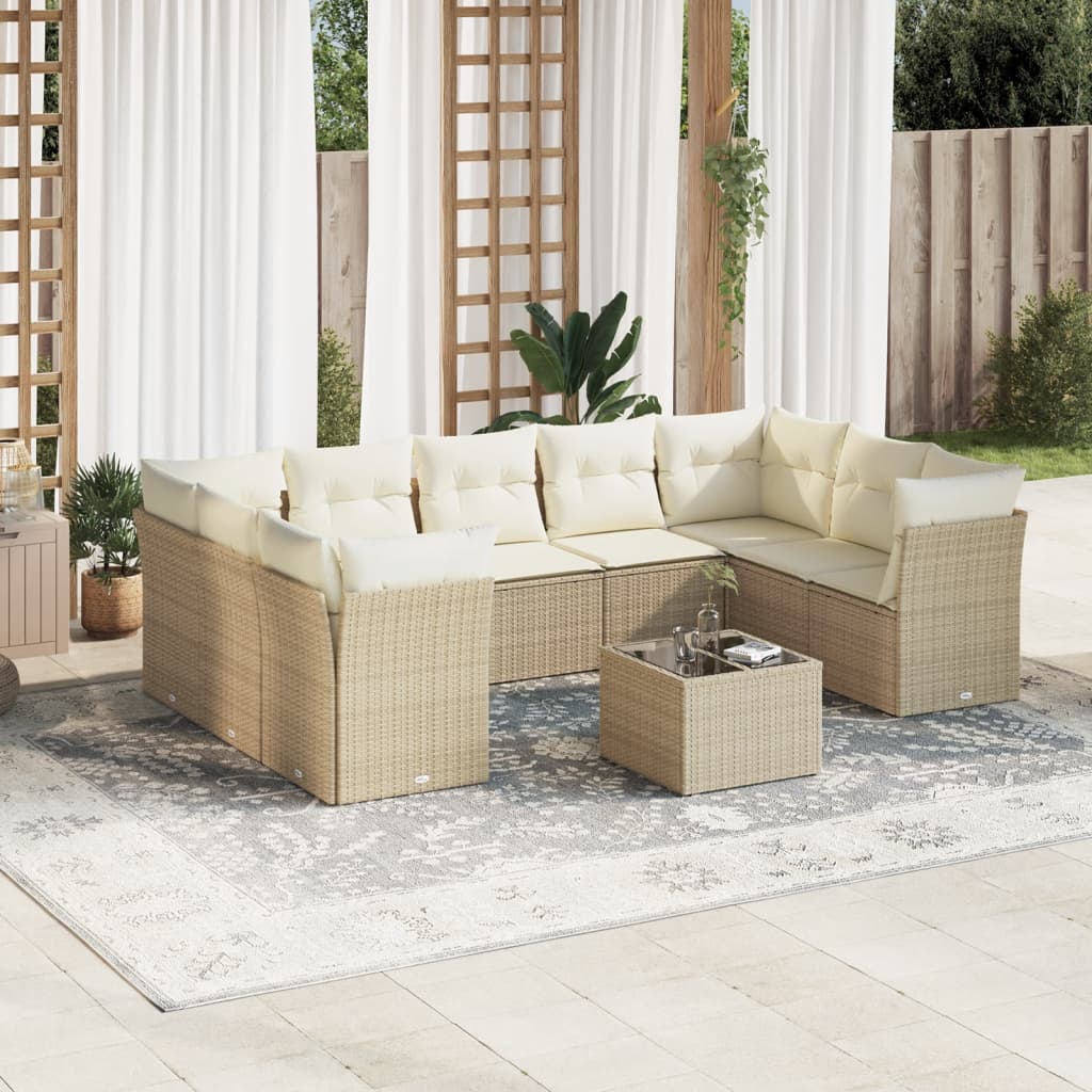 vidaXL 10-tlg. Garten-Sofagarnitur mit Kissen Beige Poly Rattan