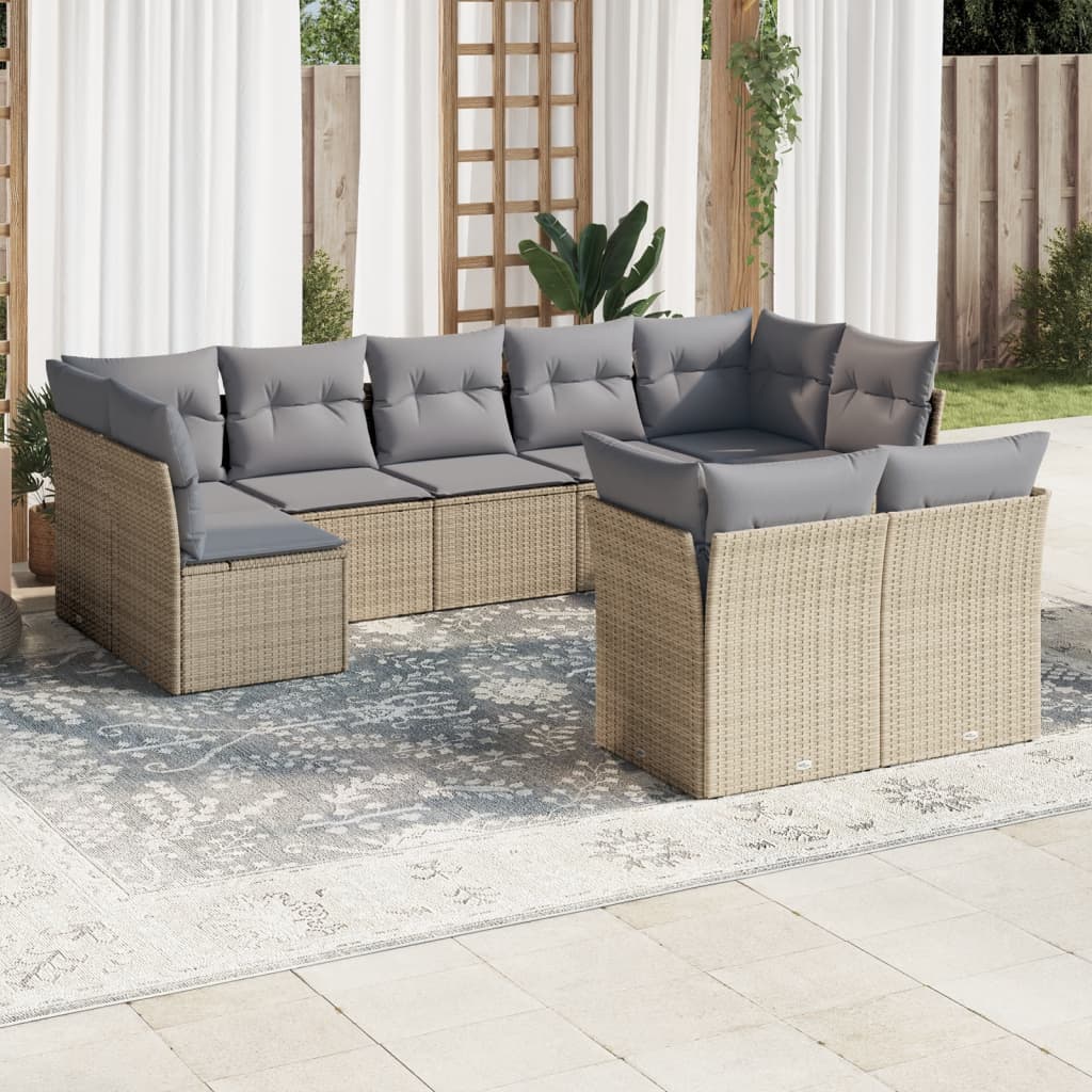 vidaXL 9-tlg. Garten-Sofagarnitur mit Kissen Beige Poly Rattan