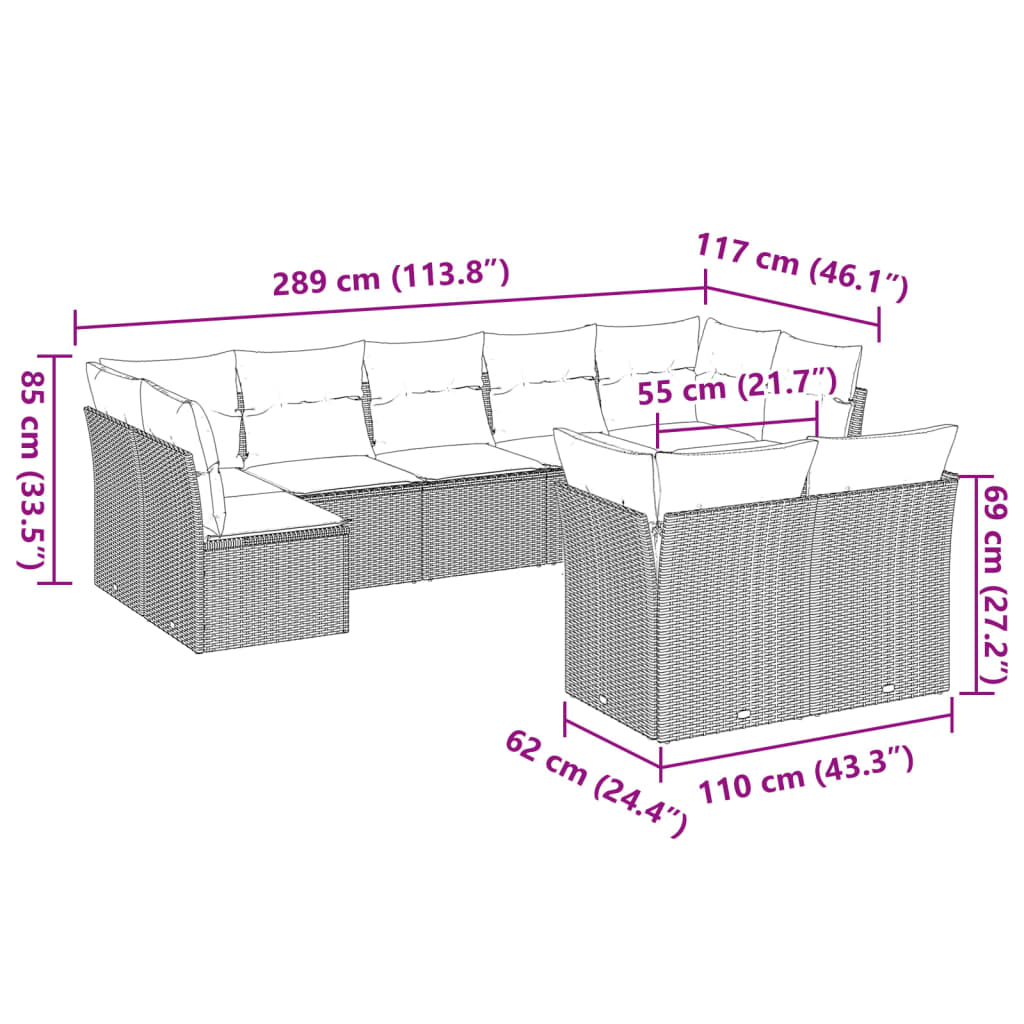 vidaXL 9-delige Loungeset met kussens poly rattan lichtgrijs afbeelding