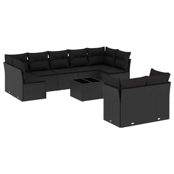 vidaXL 10-osaline aiadiivani komplekt patjadega, must, pol&uuml;rotang