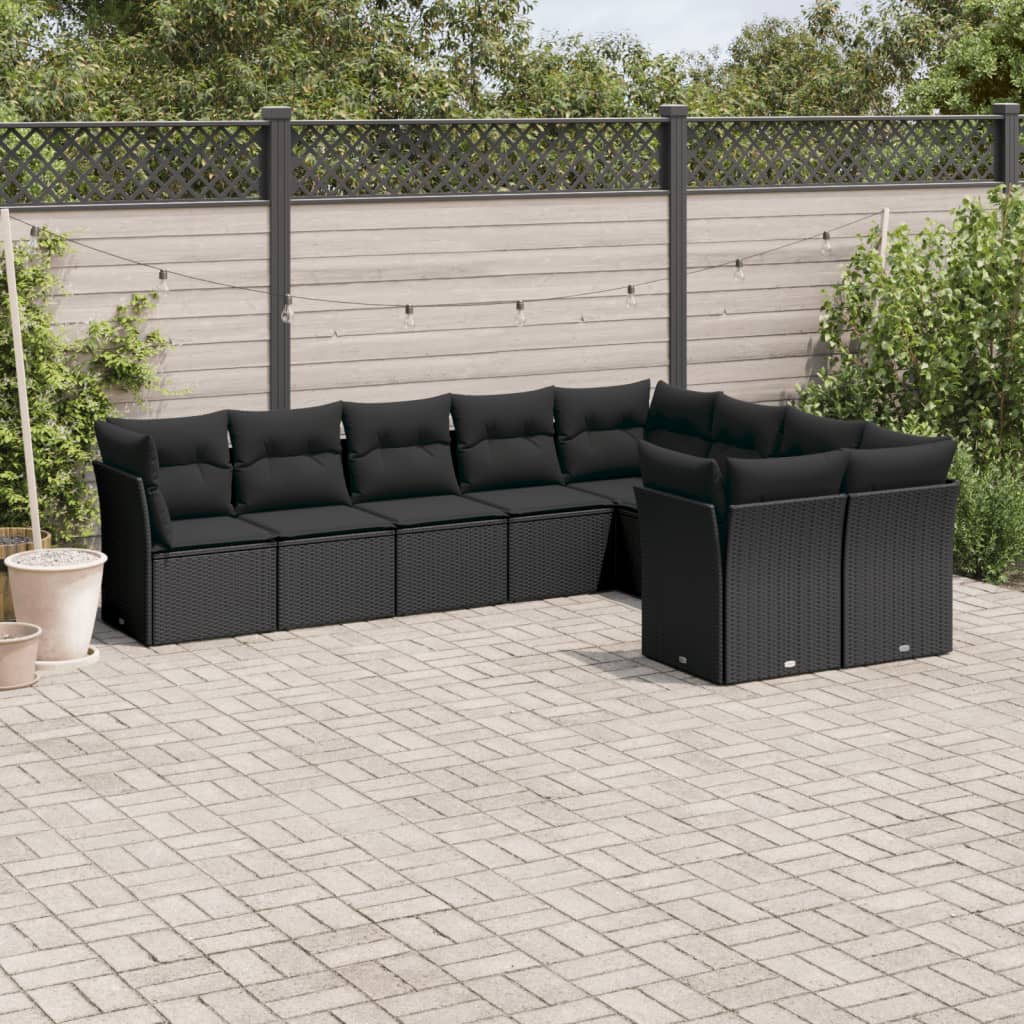 vidaXL 9-tlg. Garten-Sofagarnitur mit Kissen Schwarz Poly Rattan