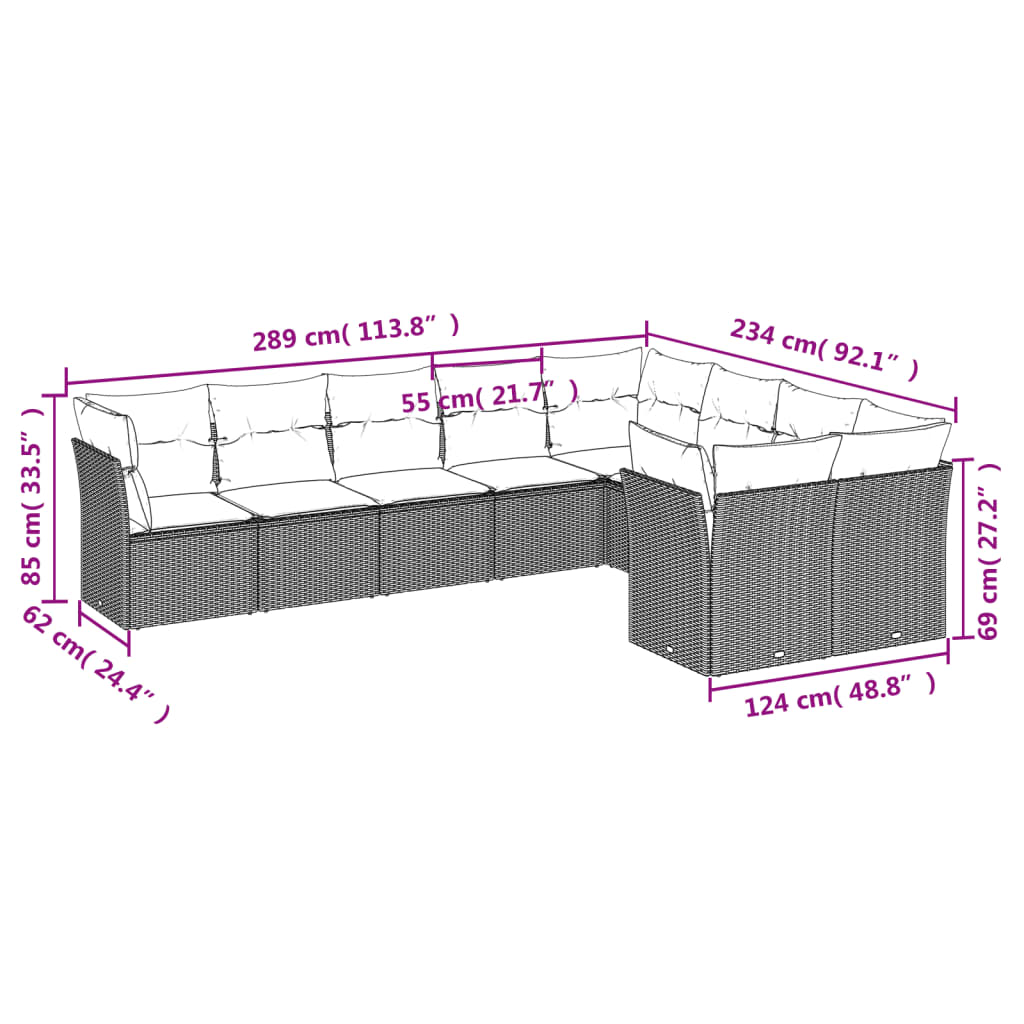vidaXL 9-delige Loungeset met kussens poly rattan grijs afbeelding