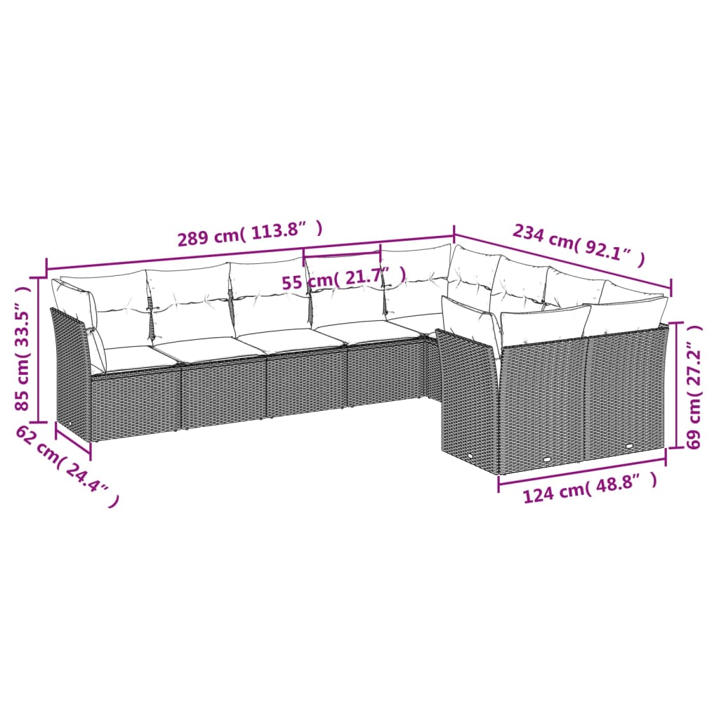 vidaXL 9-delige Loungeset met kussens poly rattan lichtgrijs afbeelding