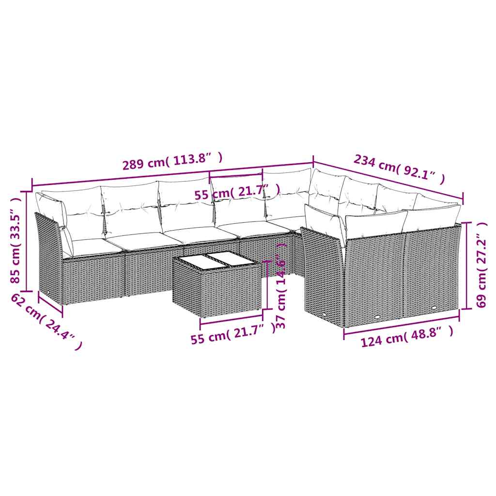 Set canapele de grădină cu perne, 10 piese, negru, poliratan 3218175 - imagine 3