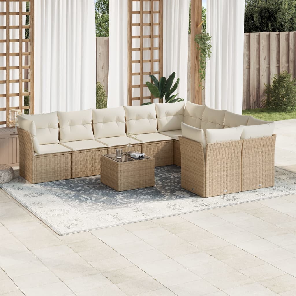 vidaXL 10-tlg. Garten-Sofagarnitur mit Kissen Beige Poly Rattan