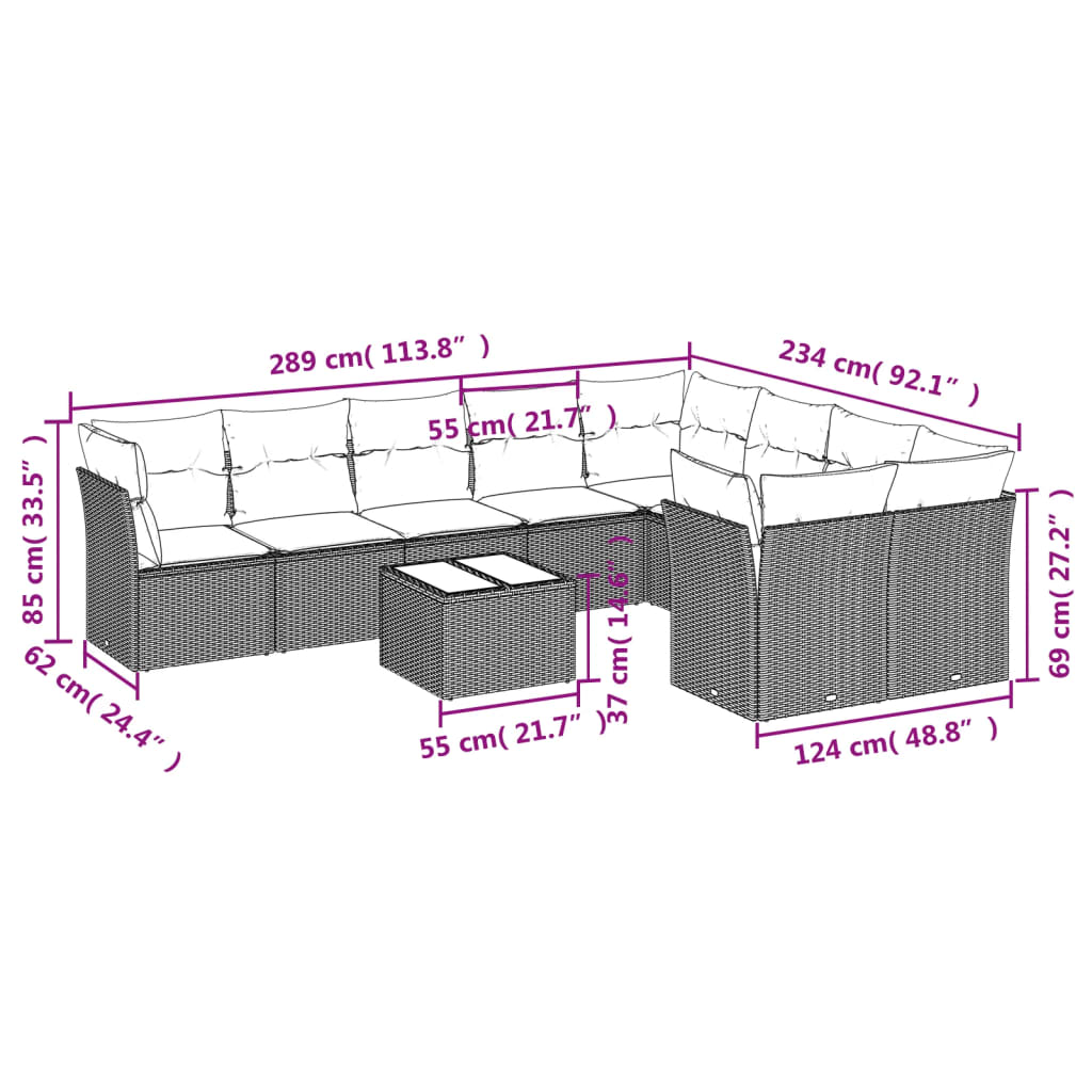 Set mobilier de grădină cu perne, 10 piese, gri, poliratan 3218180 - imagine 3