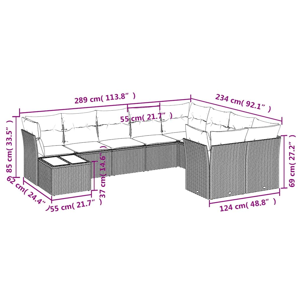 Set canapele de grădină cu perne, 10 piese, negru, poliratan 3218185 - imagine 3