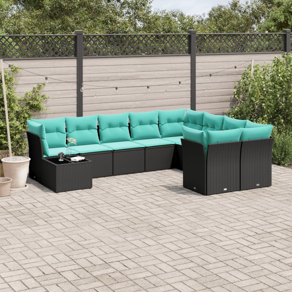 10-tlg. Garten-Sofagarnitur mit Kissen Schwarz Poly Rattan