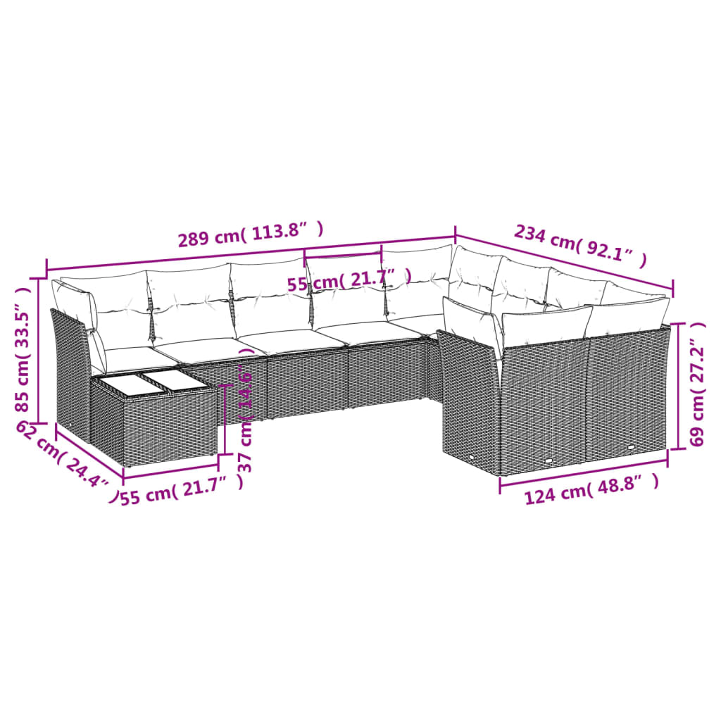 vidaXL 10-delige Loungeset met kussens poly rattan grijs