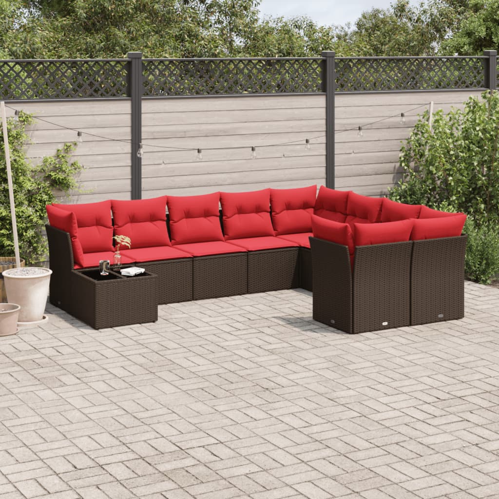 10 Piece Patio Sofa Set with Cushions Brown Poly Rattan