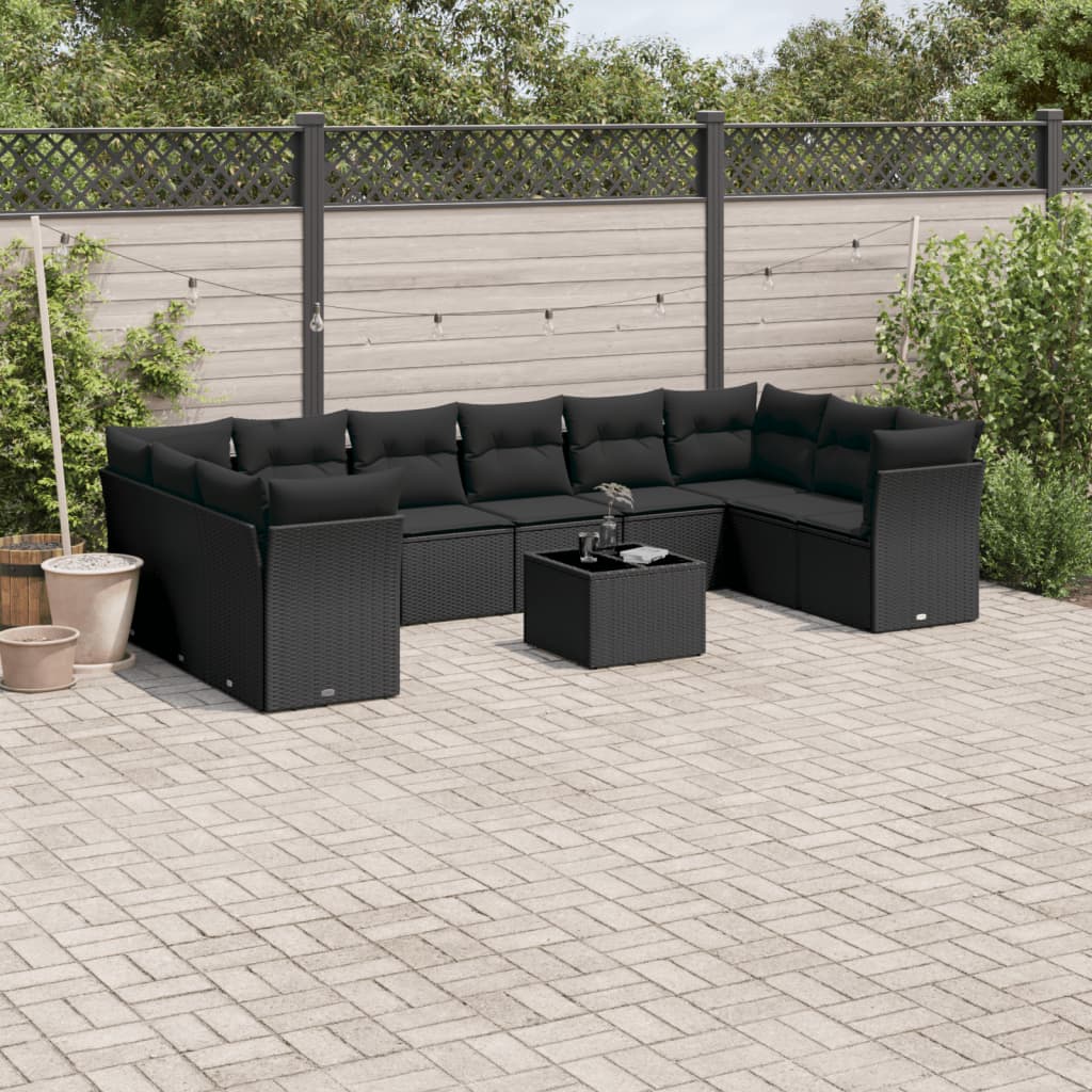 11-tlg. Garten-Sofagarnitur mit Kissen Schwarz Poly Rattan