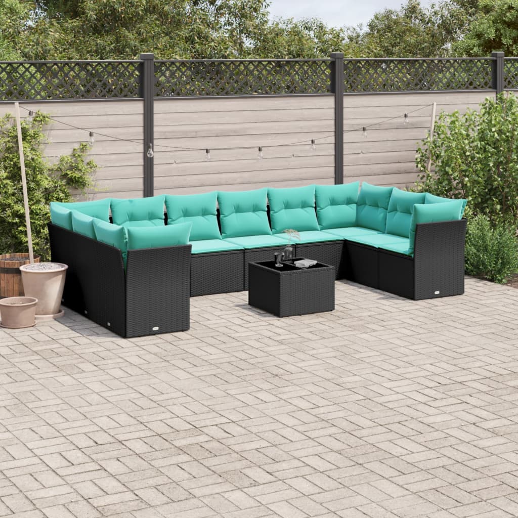 Set de sofás de jardín 11 pzas y cojines ratán sintético negro