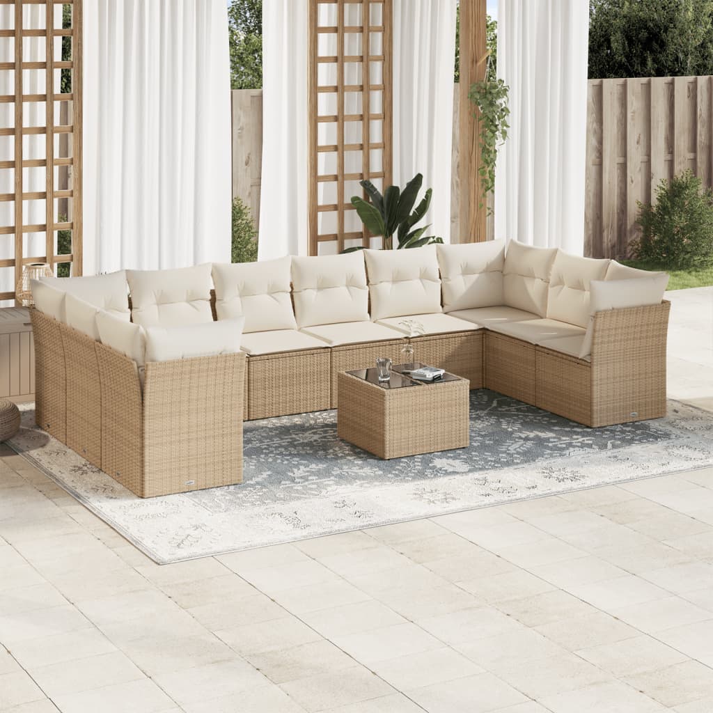 vidaXL 11-tlg. Garten-Sofagarnitur mit Kissen Beige Poly Rattan