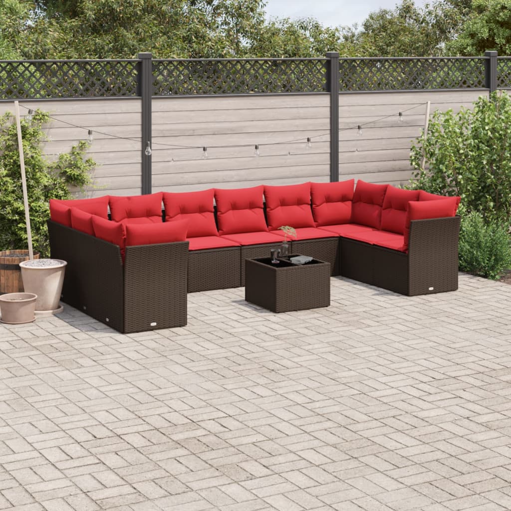 11 Piece Patio Sofa Set with Cushions Brown Poly Rattan