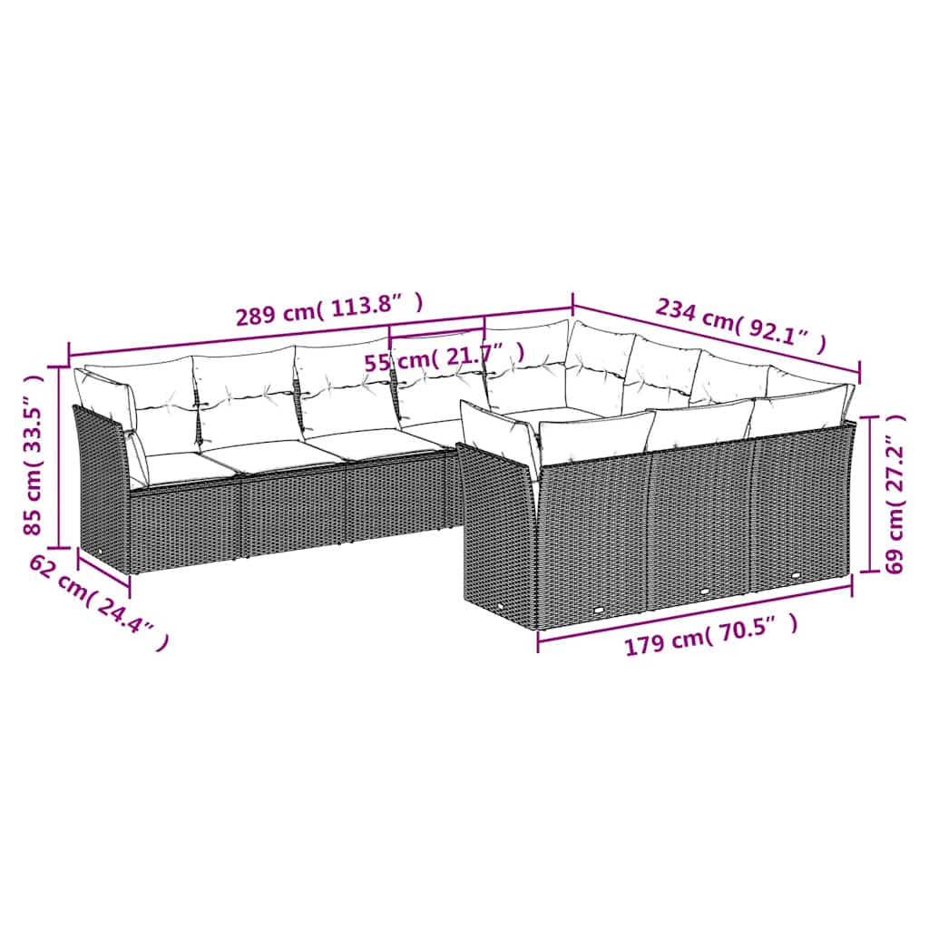 Set canapele de grădină cu perne, 10 piese, negru, poliratan 3218215 - imagine 3