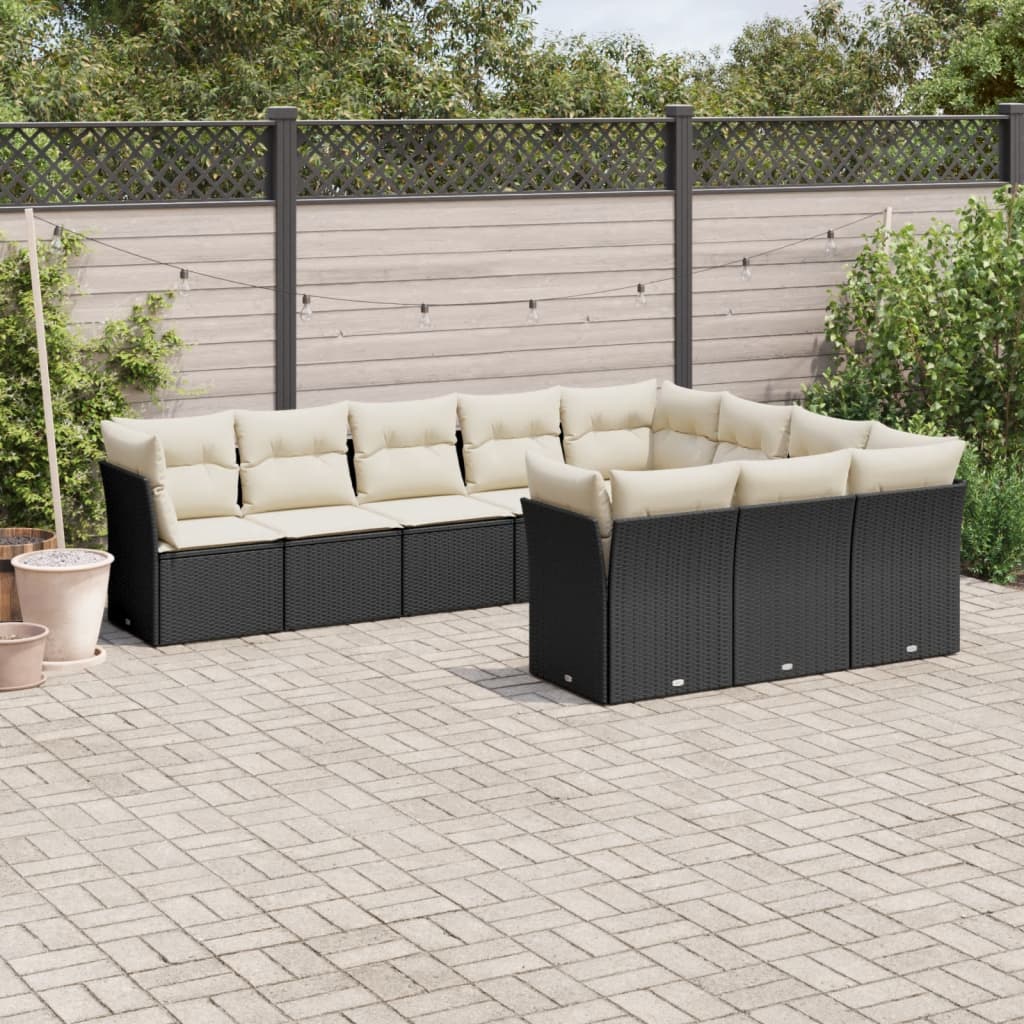 vidaXL 10-tlg. Garten-Sofagarnitur mit Kissen Schwarz Poly Rattan