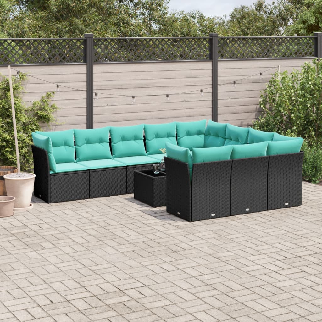 11-tlg. Garten-Sofagarnitur mit Kissen Schwarz Poly Rattan
