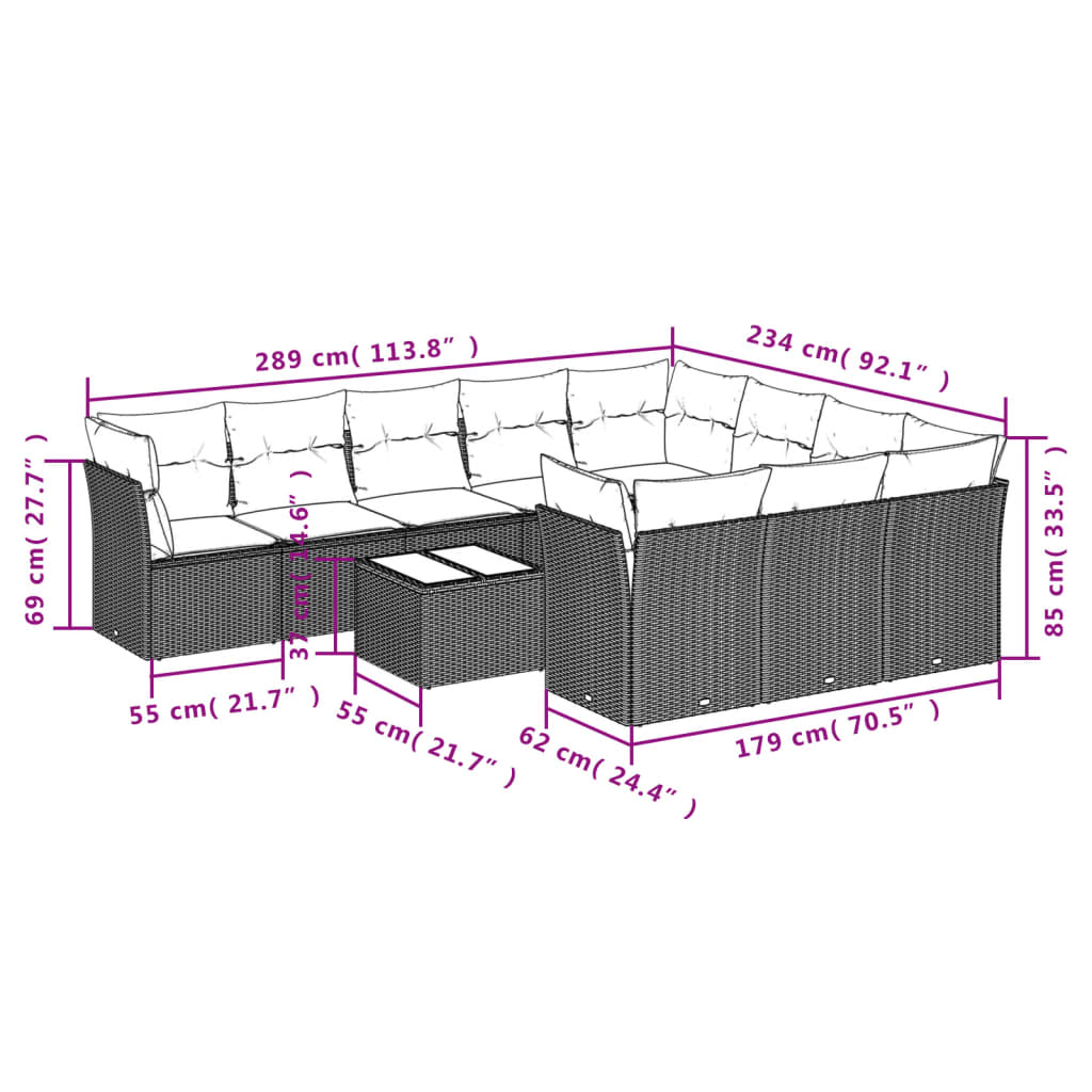 vidaXL 11-delige Tuinset met kussens poly rattan beige